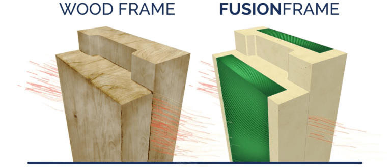 FUSIONFRAME vs traditional wood frame showing head transfer in the envelope. FUSIONFRAME lets less heat gain through the envelope in this hybrid foam frame