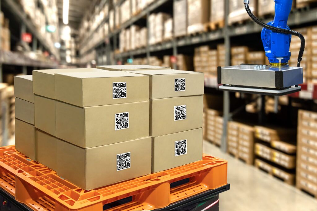 boxes on a wooden pallet in a warehouse