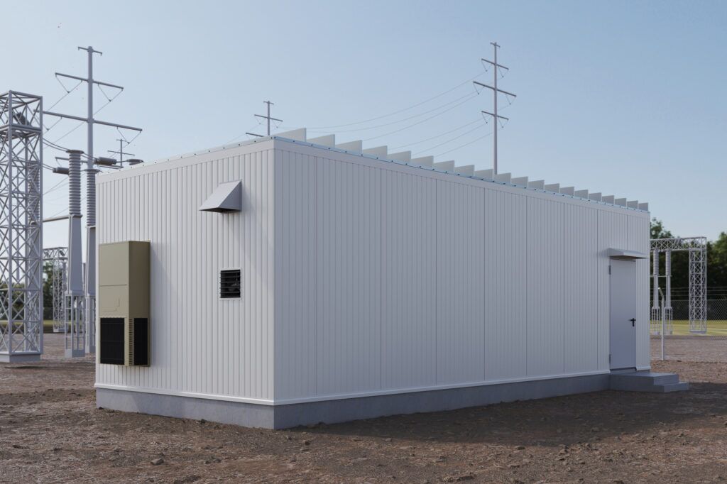 rendering of an electrical substation with a white equipment enclosure