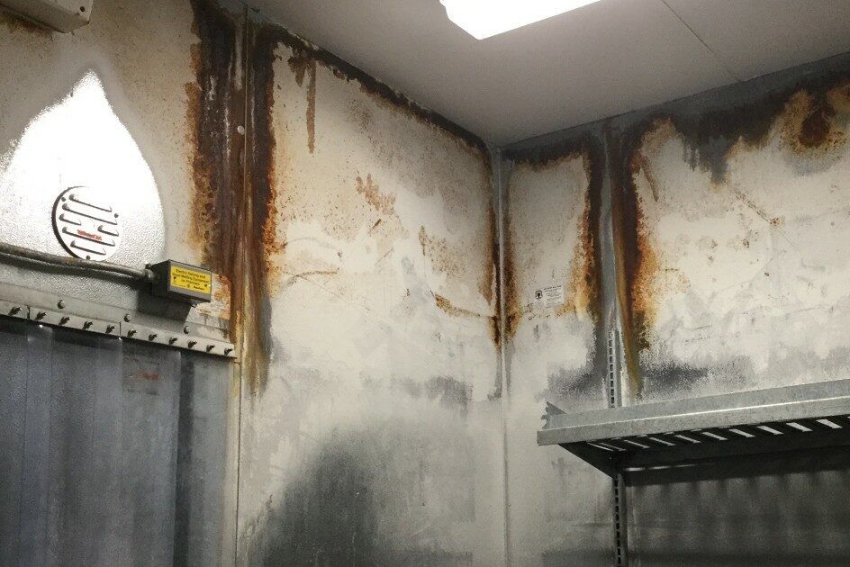 Interior of a rusted walk-in cooler in need of restore solutions, showcasing signs of corrosion and deterioration.