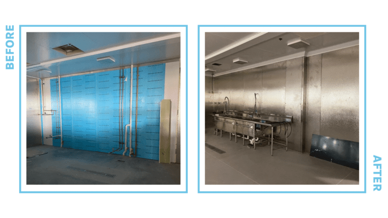 Two images side by side. Image one: Before installation of a chase wall with exposed pipes. Second image: After installation of a chase wall covering exposed pipes and finishings of a commercial prep room.