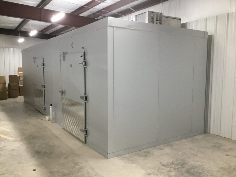 Walk-in cooler at a stadium behind the scenes that can be utilized for foodservice.